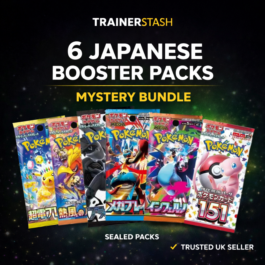 Promotional image of six Japanese Pokémon booster packs with TrainerStash branding.