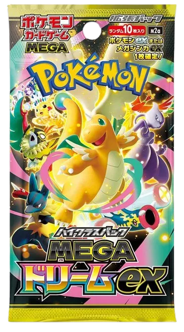 Japanese Pokémon Trading Card Game "Mega Dream ex" high-class booster pack featuring Dragonite, Mewtwo, Lucario, and Pikachu. Contains 10 random cards.