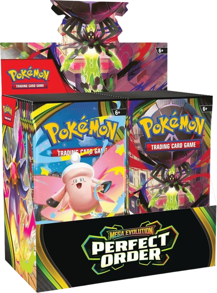 Pokémon TCG Perfect Order booster box display. Includes two pack art variations featuring Mega Evolution themes and custom Pokémon designs. Contains 36 Perfect Order booster packs.