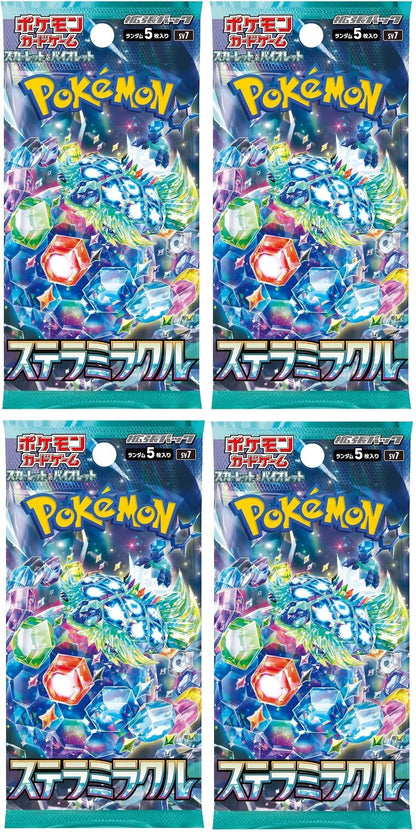 Set of 4 Japanese Pokémon TCG Stellar Miracle (SV7) booster packs. Features Stellar Form Terapagos artwork. Authentic Scarlet & Violet era Japanese expansion packs. Ideal for collectors and pack openings.