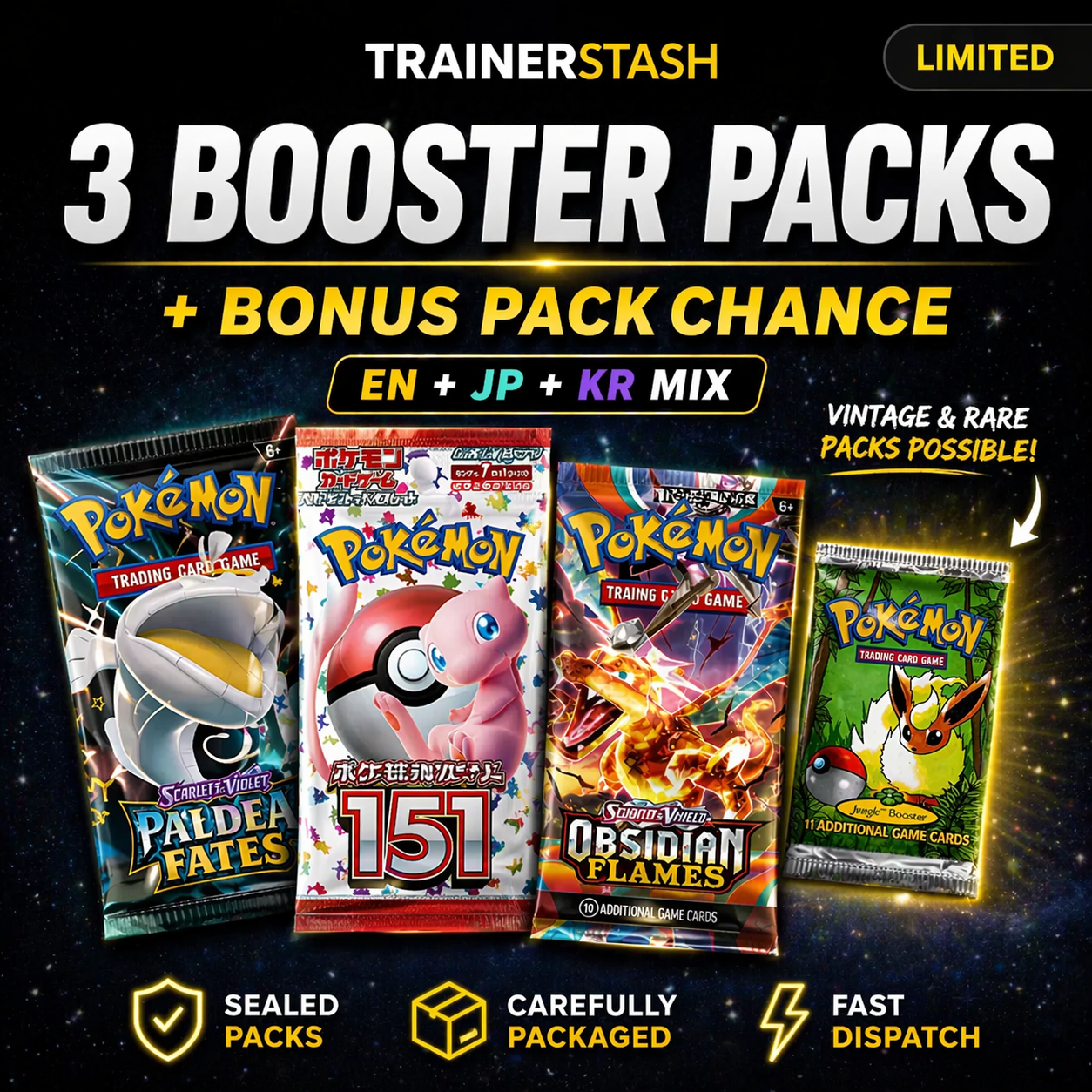 Pokémon TCG booster pack bundle from TrainerStash. Features English, Japanese, and Korean packs including Paldea Fates, Obsidian Flames, and 151. Graphic highlights a chance for rare vintage Jungle booster packs and guarantees sealed, carefully packaged products with fast dispatch.